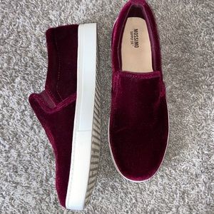 Slip on red velvet shoes